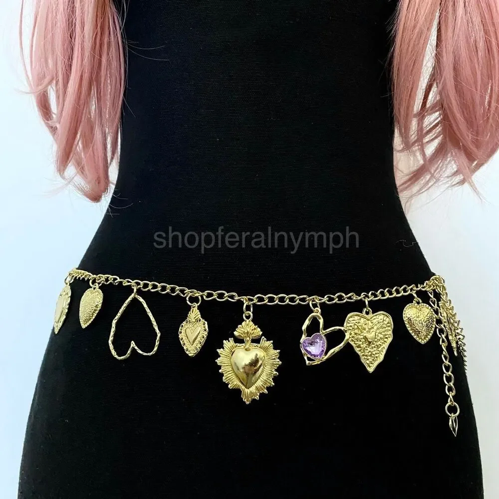 Gold Y2K Sacred Heart Charm Waist Chain Belt, Fits 20 to 44 Inches, X7GA1320